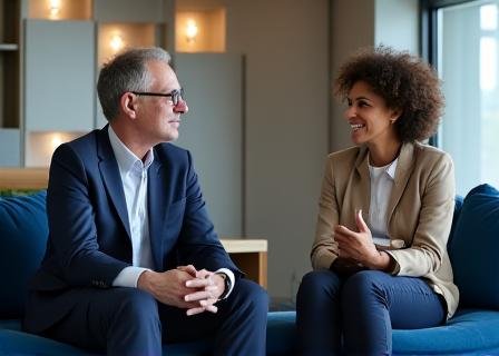 A coach mentoring a professional in a bright office